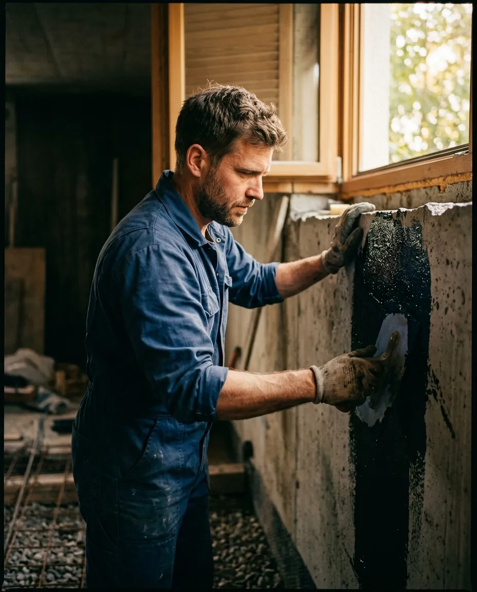 Meister bei der Bauwerksabdichtung – Bitumendickbeschichtung an einer Kellerwand